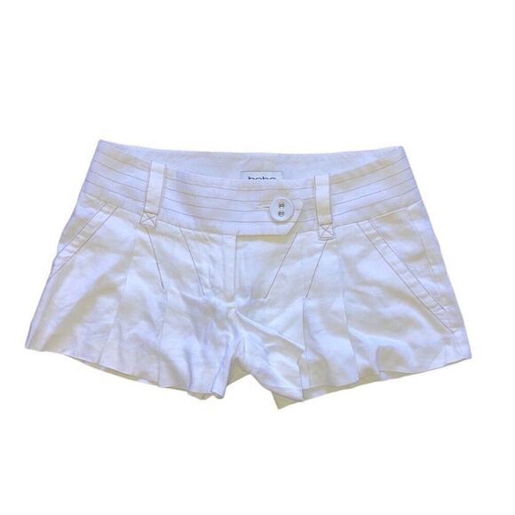 Y2K Bebe Size 2 Low Rize Micro Mini Pleated Cotton Shorts White Tan Stitching - Picture 1 of 6